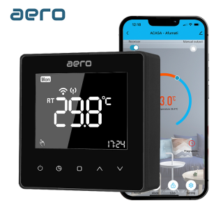 Termostat AERO TP618RFW Black Wi-Fi, Wireless, pentru Centrala Termica, Smart, Programabil, Alexa, Google